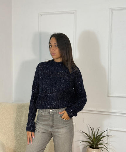 Maglione con Paillettes Collo Semi-Alto – Blu Notte