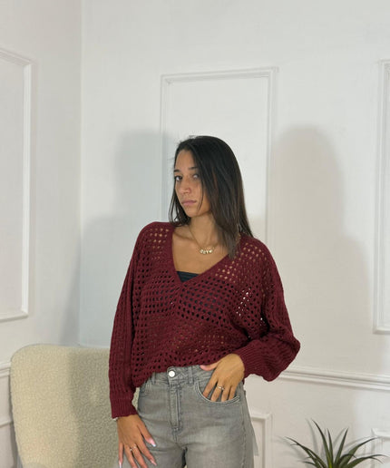 Maglione Oversize a Maglia Traforata con Scollo a V – Bordeaux
