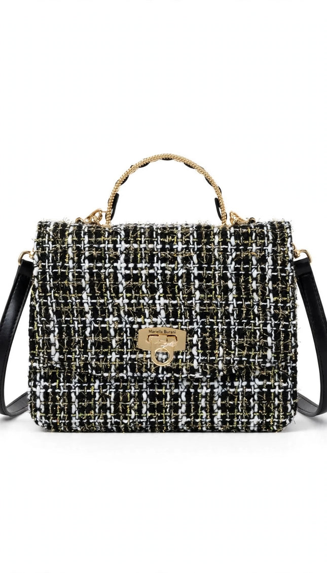 Borsa Mariella Burani in tweed bianca e nera a mano con patta