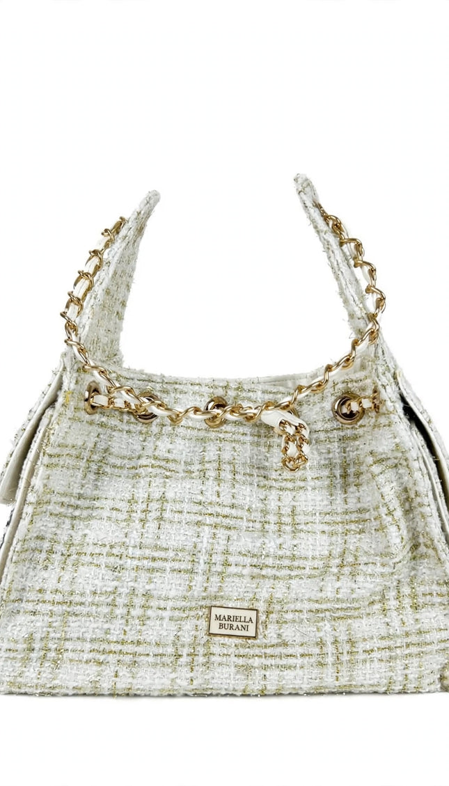 Borsa Mariella Burani in tweed panna a spalla con catena