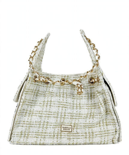Borsa Mariella Burani in tweed panna a spalla con catena
