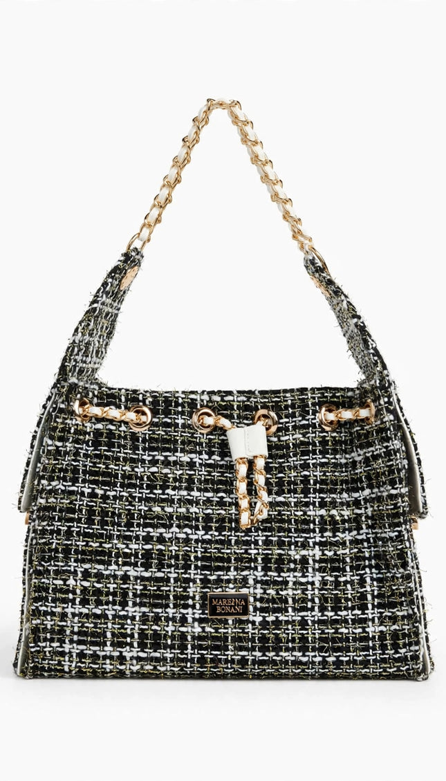 Borsa Mariella Burani in tweed bianca e nera a spalla con catena