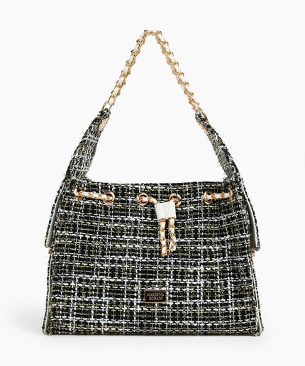 Borsa Mariella Burani in tweed bianca e nera a spalla con catena