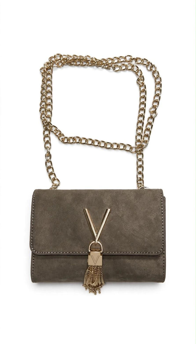 Borsa Mario Valentino verde oliva mini con catena e nappina