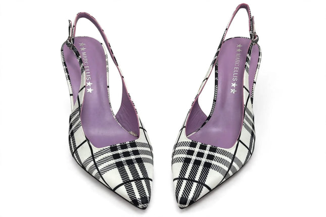 Slingback Marc Ellis Tartan Bianco e Nero con Tacco a Stiletto