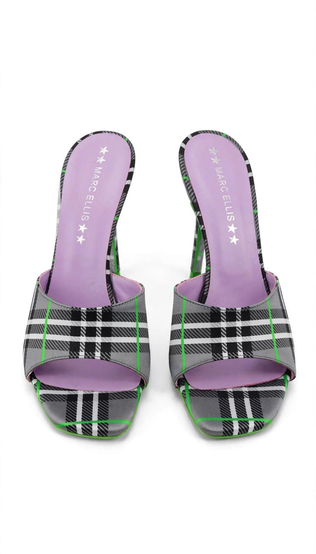 Mule Marc Ellis Tartan Nero e Verde con Tacco a Stiletto