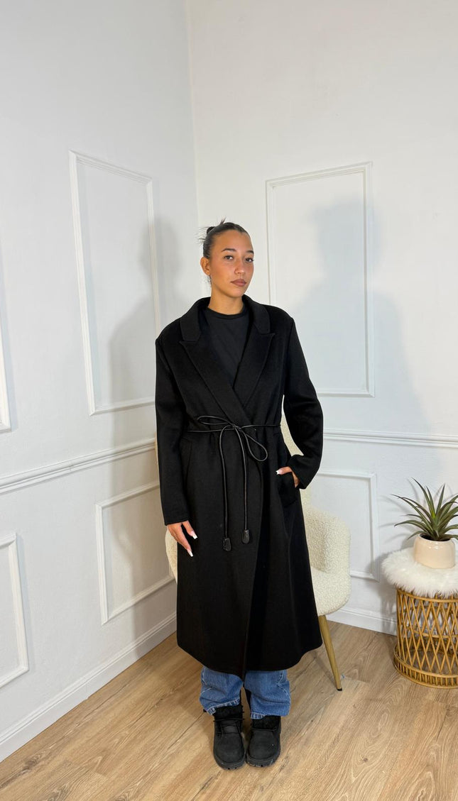 Cappotto Vicolo Lungo Nero con Cintura