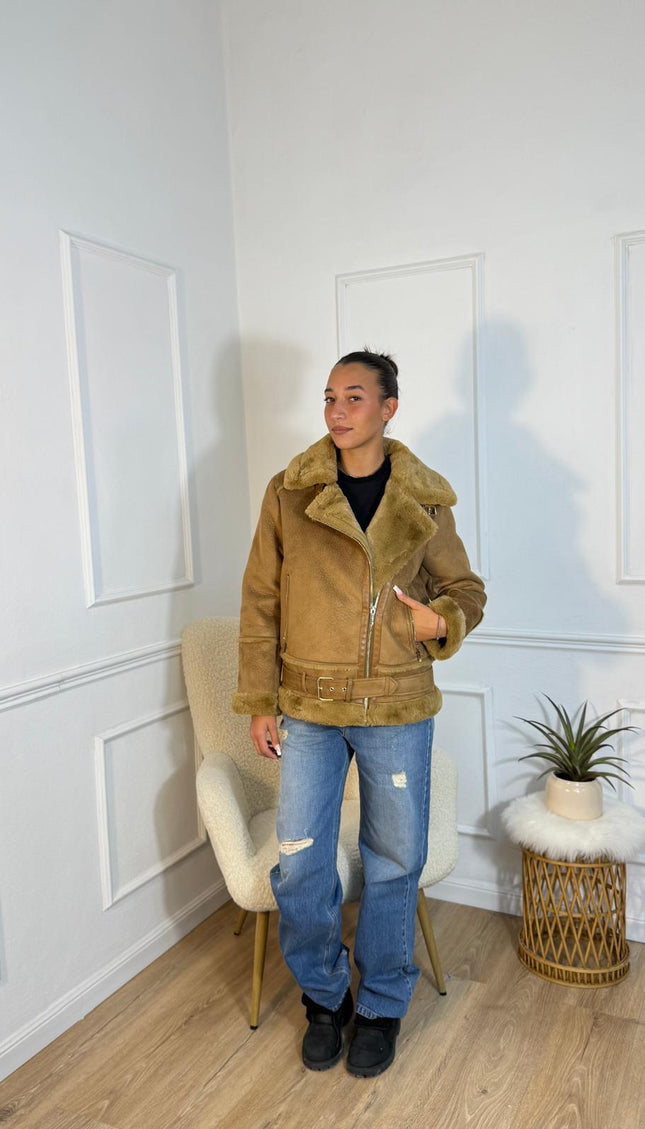 Giacca Biker Vicolo Cammello in Ecopelle con Collo Shearling
