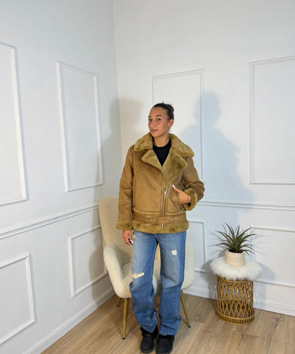 Giacca Biker Vicolo Cammello in Ecopelle con Collo Shearling