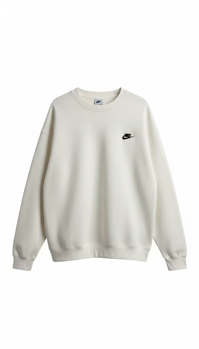 Nike Felpa Girocollo Bianco Panna con Logo Ricamato