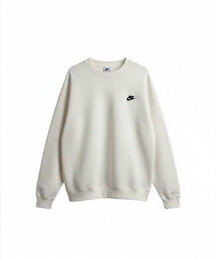 Nike Felpa Girocollo Bianco Panna con Logo Ricamato