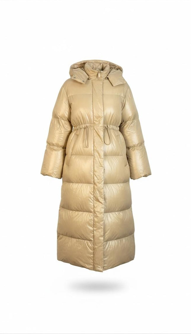 Vicolo Piumino Lungo Beige con Cappuccio e Coulisse in Vita