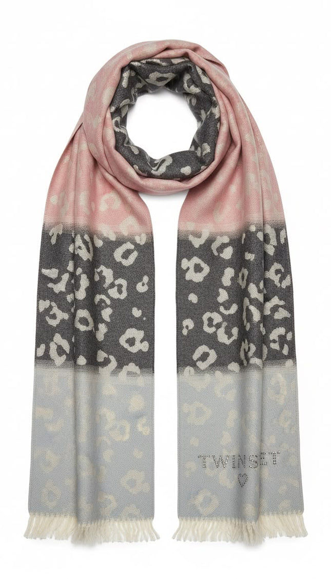 Sciarpa Twinset rosa cipria e grigia animalier