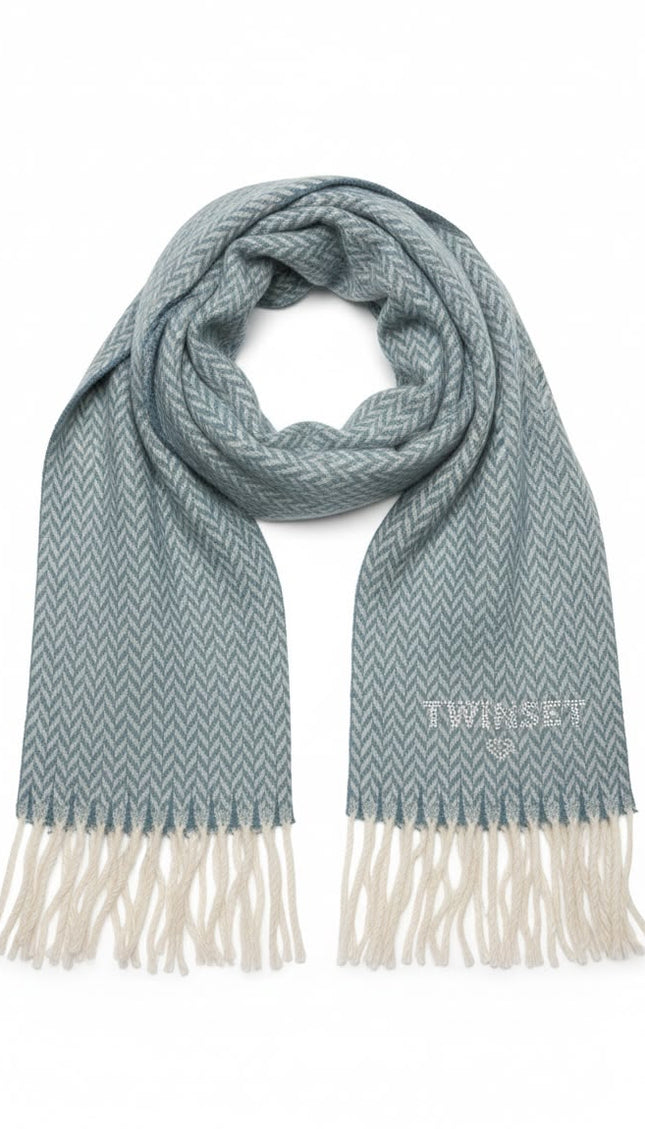 Sciarpa Twinset grigio-verde a spina di pesce con frange