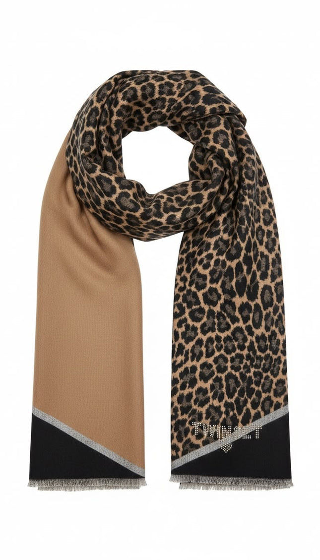 Sciarpa Twinset cammello e nera animalier con frange