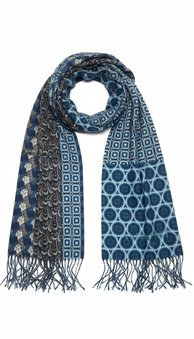 TWINSET Sciarpa a fantasia geometrica patchwork blu e grigio