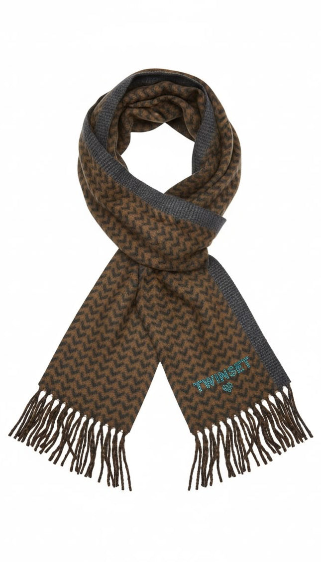 TWINSET Sciarpa marrone e khaki a motivo zigzag