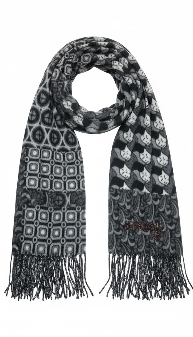 TWINSET Sciarpa a fantasia geometrica patchwork grigio e nero