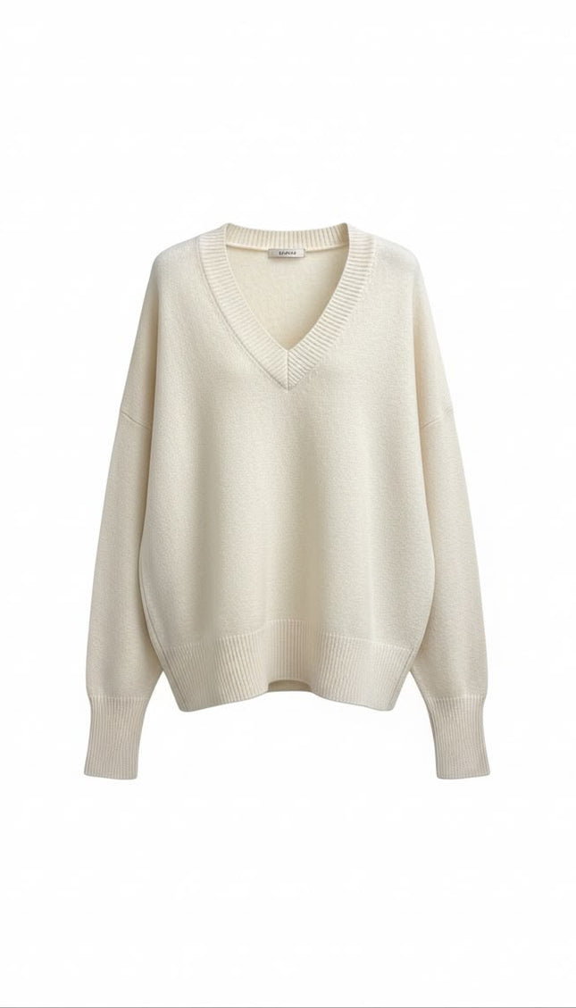 Haveone Co-ord Set Crema con Maglione Scollo V e Pantaloni a Gamba Larga