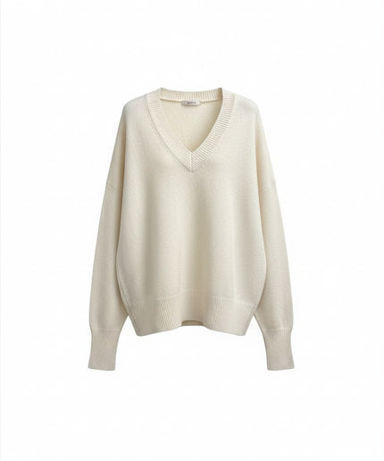 Haveone Co-ord Set Crema con Maglione Scollo V e Pantaloni a Gamba Larga