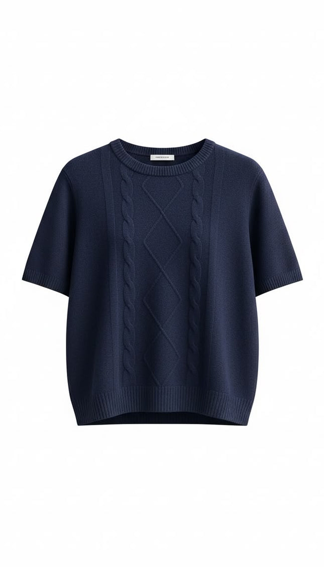 Cristina Effe maglia blu navy a maniche corte con lavorazione a trecce