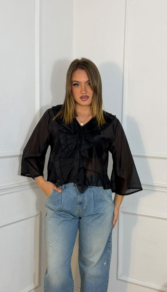 Camicetta Haveone Nera Trasparente con Volant