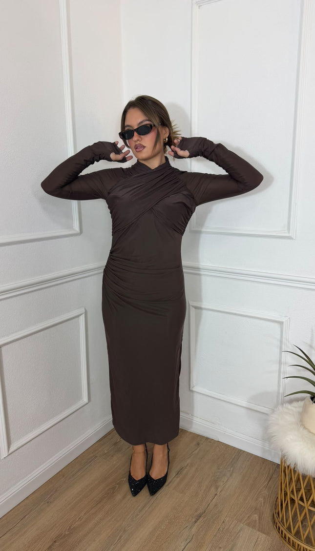 Abito midi marrone con scollo incrociato Aniye By