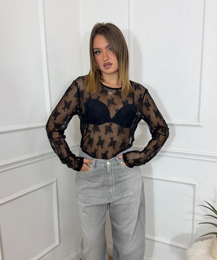 Maglia nera trasparente a fiori Haveone