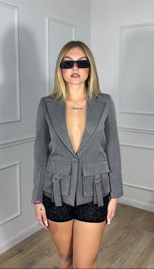 Giacca blazer grigia con tasche e cinturini Fun&Fun