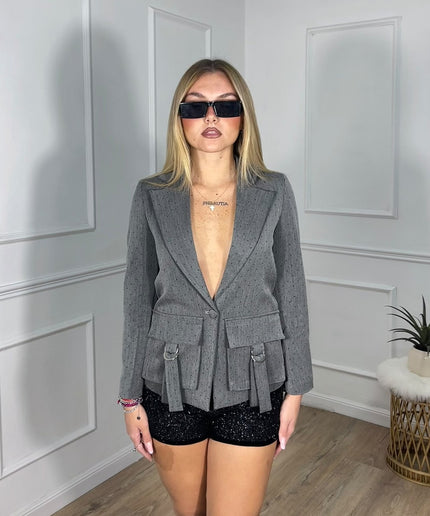 Giacca blazer grigia con tasche e cinturini Fun&Fun