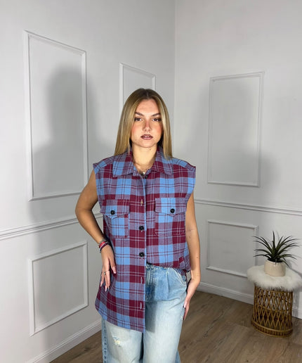 Gilet a quadri azzurro e bordeaux con bottoni Vicolo