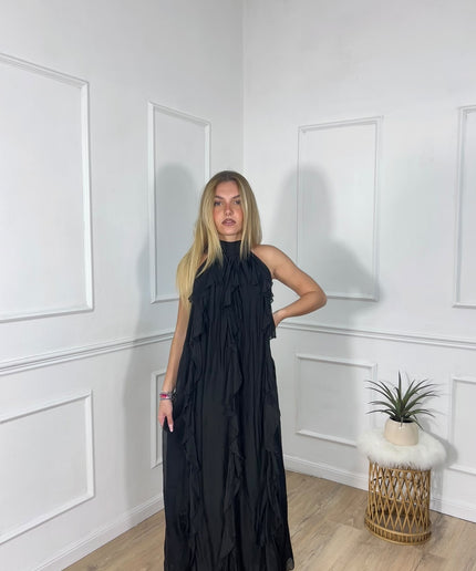 Abito lungo nero con scollo all’americana e volant Haveone