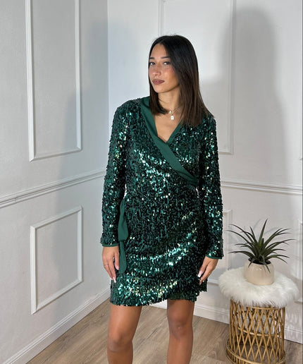 Le Volière – Abito corto verde in paillettes con scollo incrociato