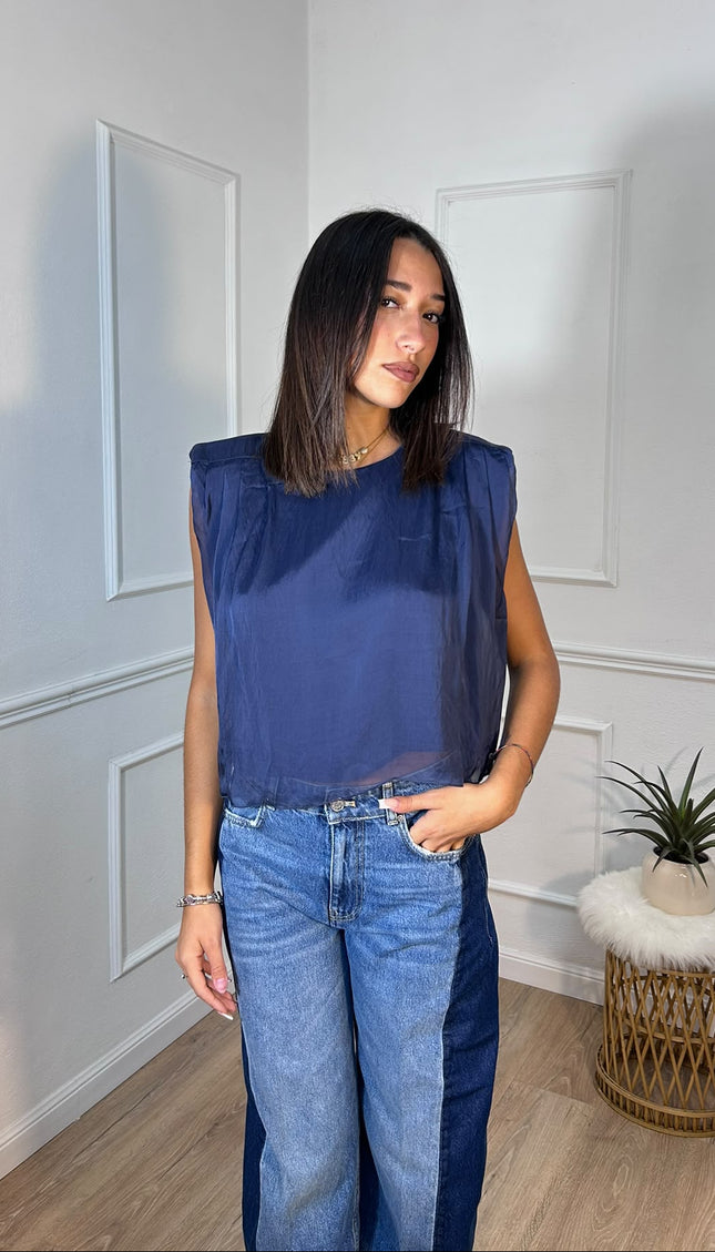 Haveone – Top blu senza maniche con pieghe sulle spalle