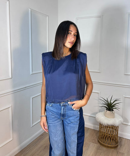 Haveone – Top blu senza maniche con pieghe sulle spalle