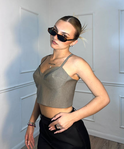 Top bustier corto a microquadri con spalline Tensione In