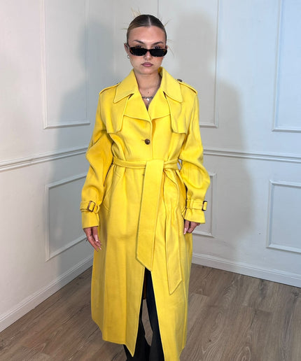 Cappotto lungo giallo stile trench con cintura Anfiny