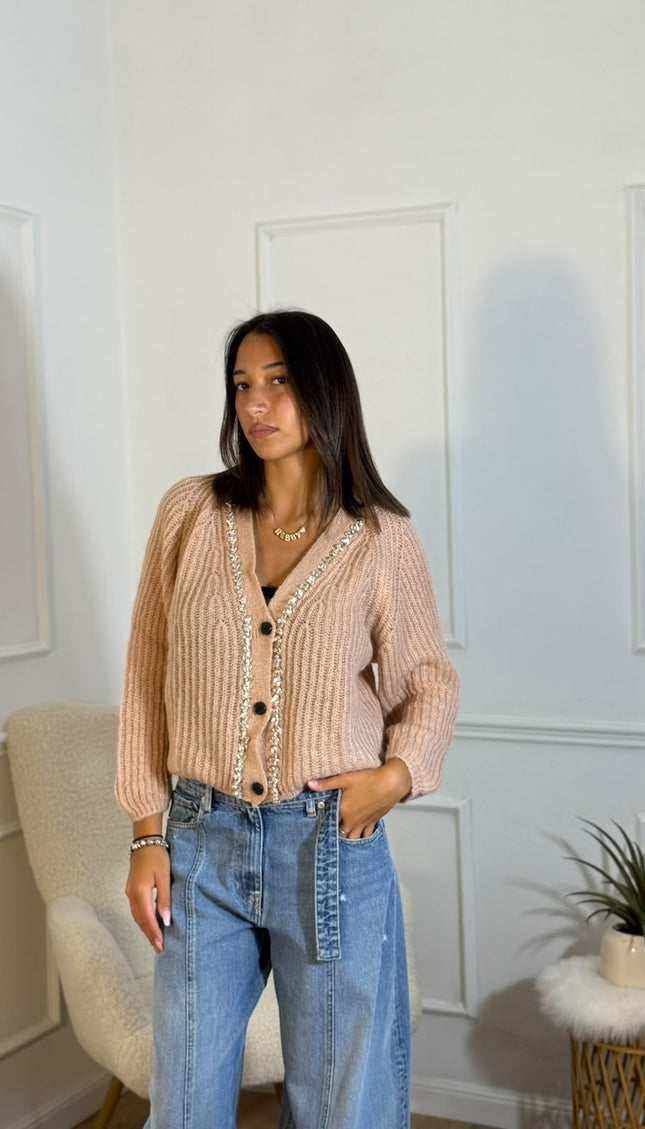 Cardigan a Coste con Bordura Dorata – Camel
