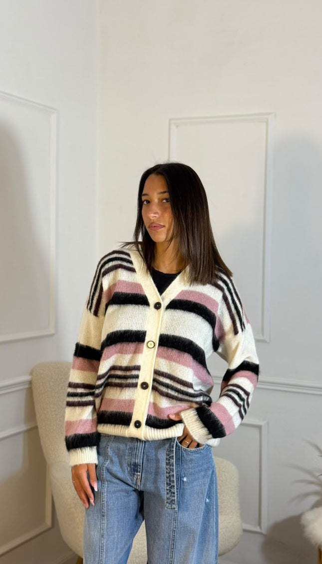 Cardigan Oversize a Righe Mohair – Panna/Rosa