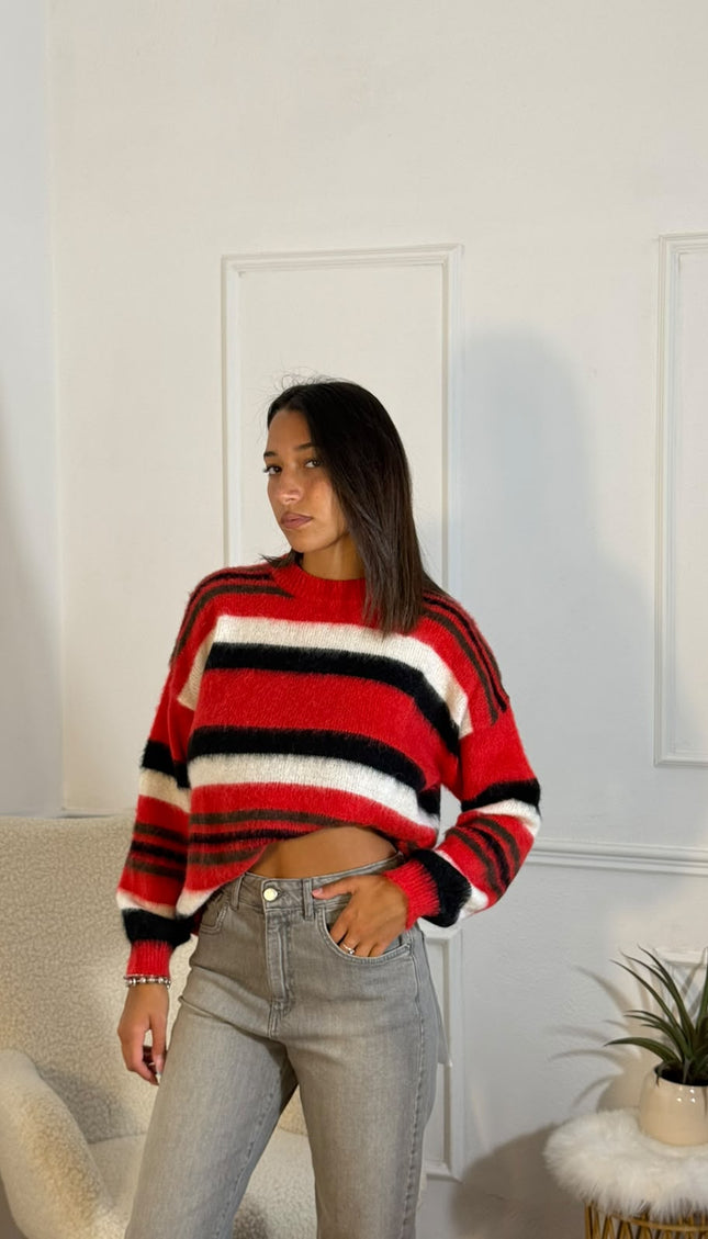 Maglione Crop a Righe Mohair – Rosso/Nero/Panna