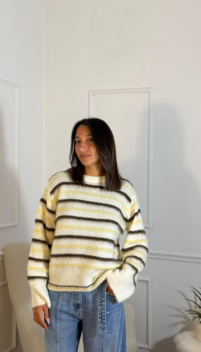 Maglione a Righe Mohair – Panna/Giallo/Grigio