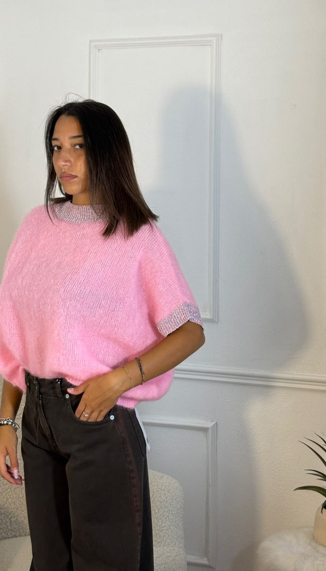 Maglioncino Mohair a Maniche Corte con Polsino Glitter – Rosa