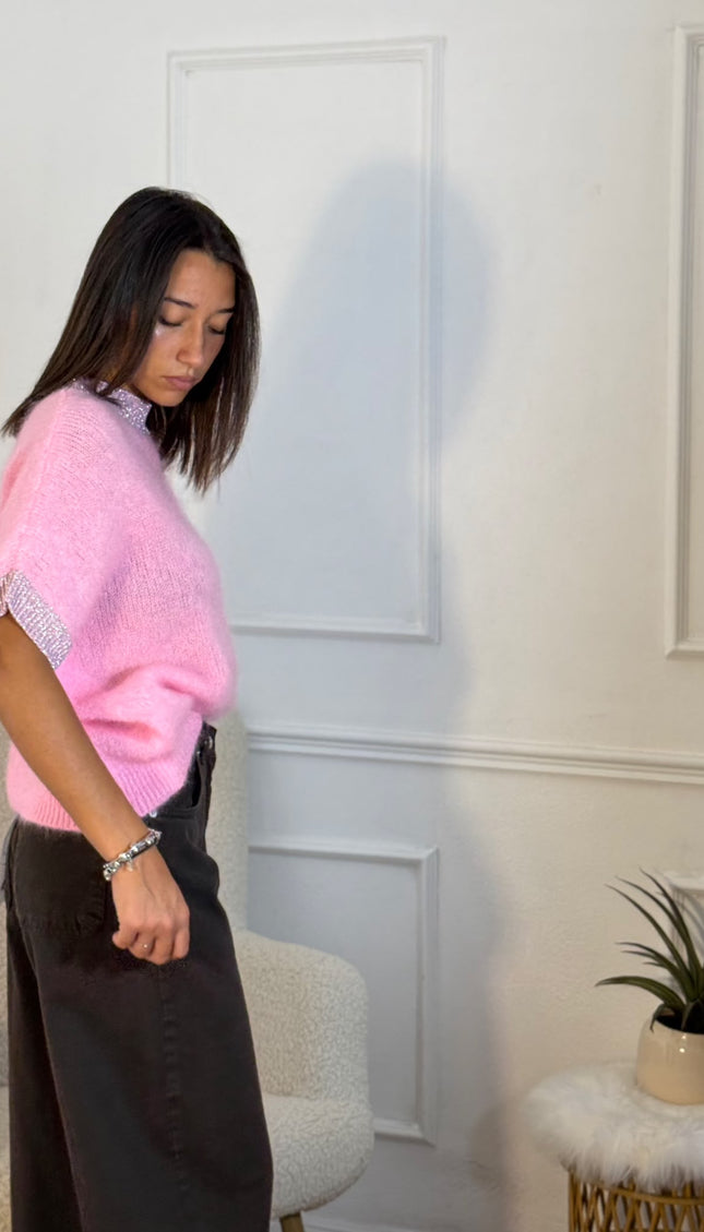 Maglioncino Mohair a Maniche Corte con Polsino Glitter – Rosa