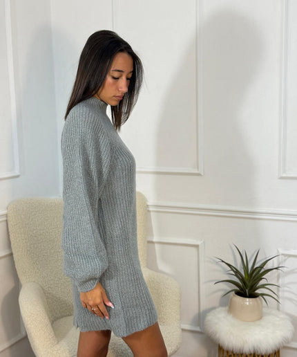 Abitino in Maglia a Coste con Collo Alto – Grigio
