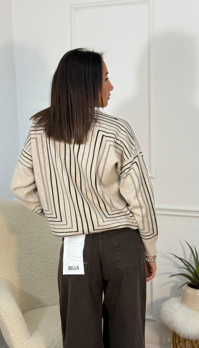 Maglione a Righe Verticali con Bottoni – Panna/Nero