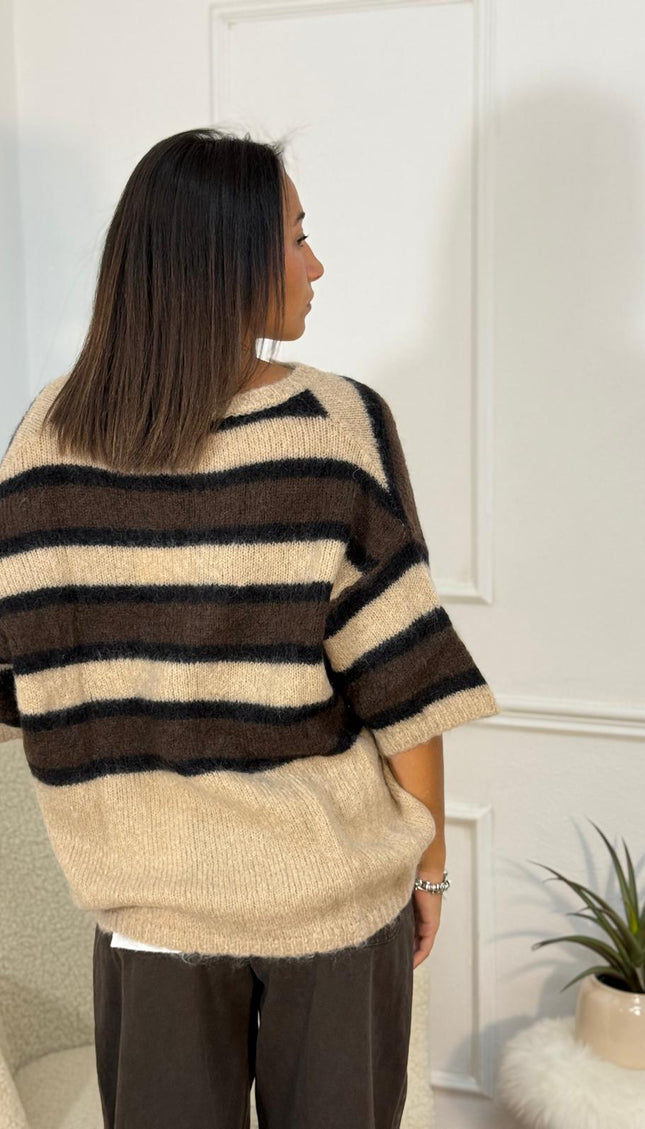 Maglione a Righe con Scollo a V – Nero/Beige