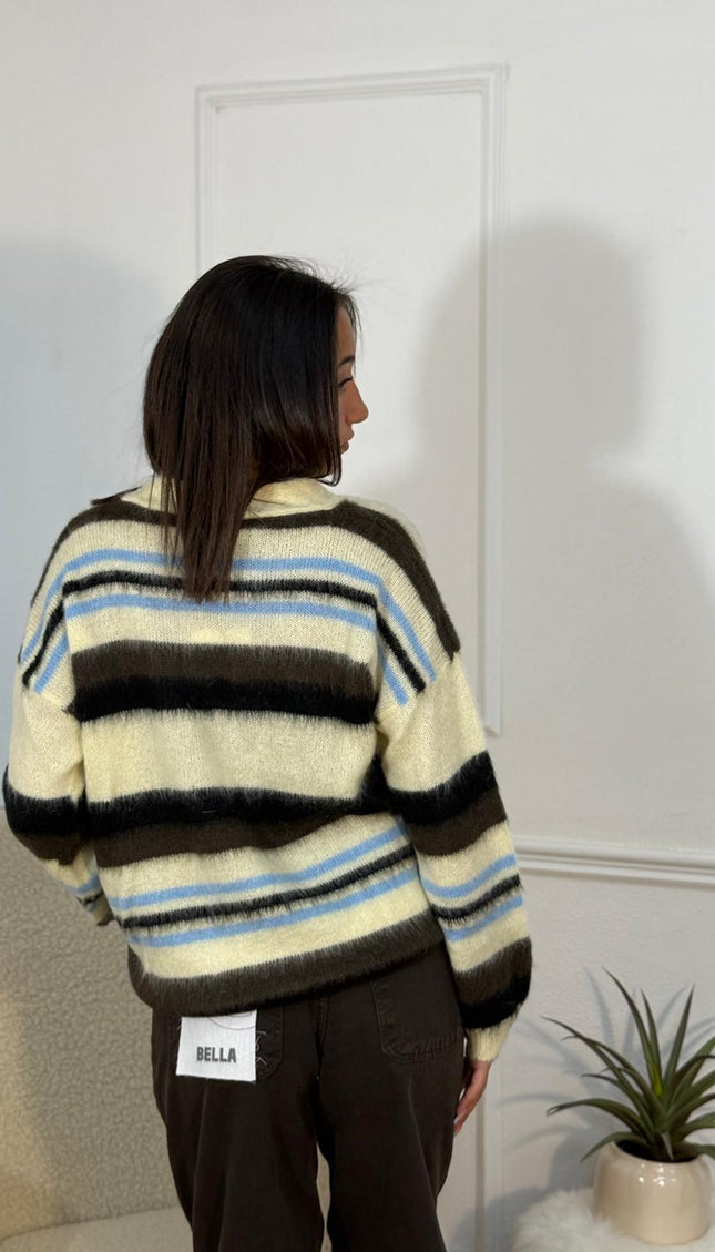 Cardigan a Righe in Maglia Soffice – Panna/Nero/Azzurro
