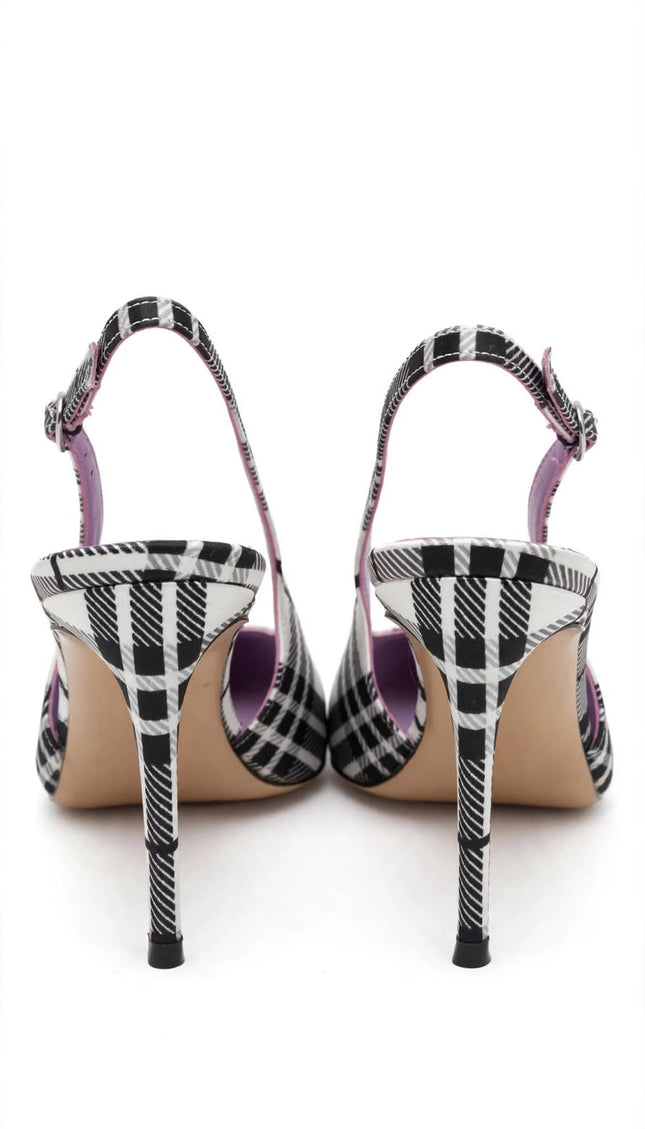 Slingback Marc Ellis Tartan Bianco e Nero con Tacco a Stiletto