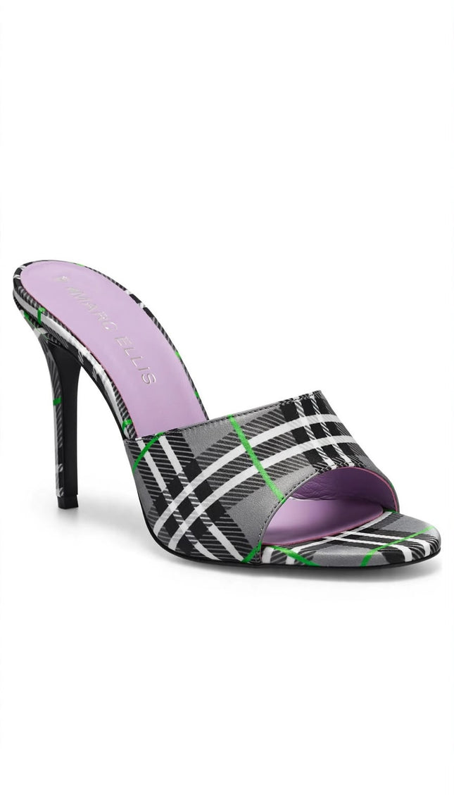 Mule Marc Ellis Tartan Nero e Verde con Tacco a Stiletto