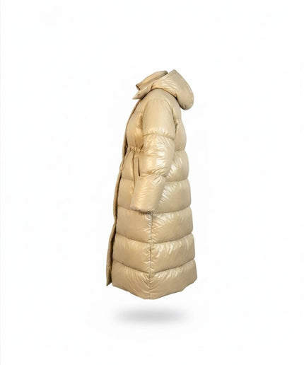 Vicolo Piumino Lungo Beige con Cappuccio e Coulisse in Vita